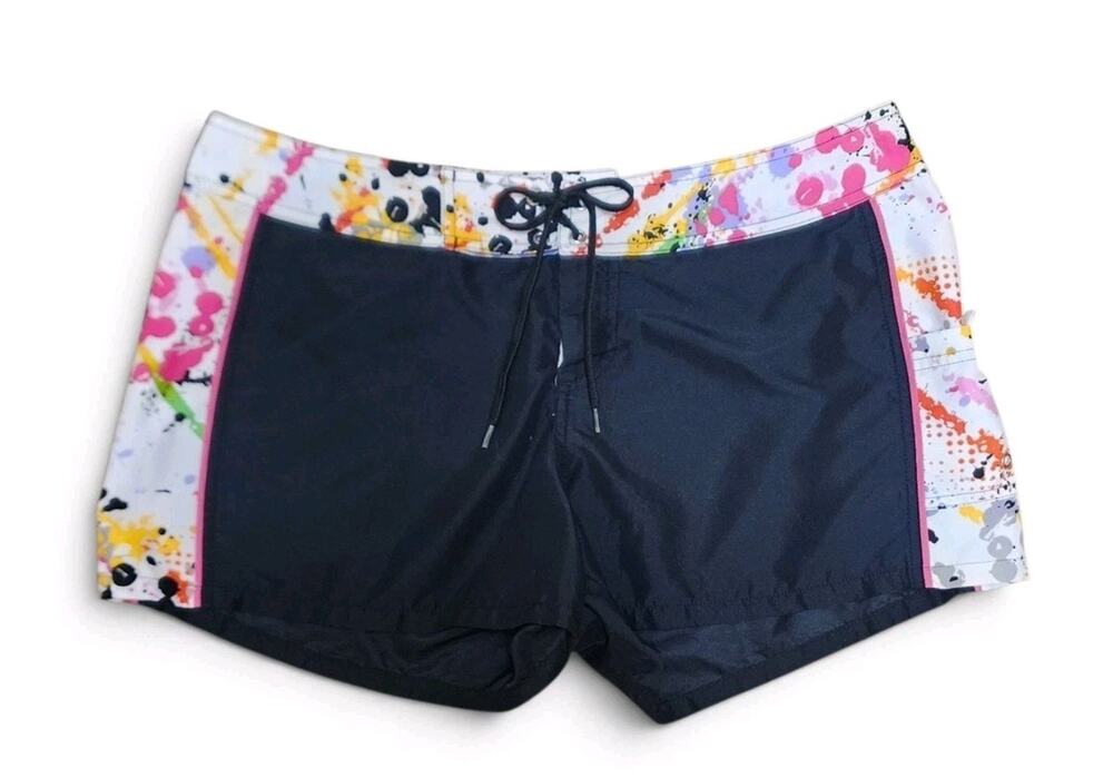 Miken Y2K Board Shorts Size XL Black Paint Splatter Surfer Girl Swim Beach